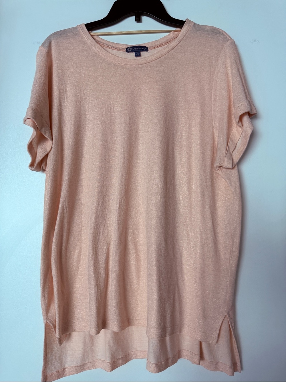 Democracy Peach Short Sleeve Crewneck Shimmer Tee, 1X